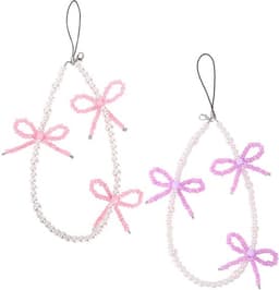 2 stuks kralen telefoonhangers met strikjes, universele esthetische delicate schattige parel strik kralen telefoon polsband voor tas camera oordopjes hoesjes decoratie (roze en paars) — thumbnail 1