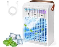 Witte Draagbare Luchtkoeler - 900ML Watertank - 3 Snelheden - 2/4/6H Timer - 7-Kleurig Nachtlicht - Stille Verdampingskoeling - Geschikt voor Slaapkamer, Kantoor, Bureau en Tent — afbeelding 1