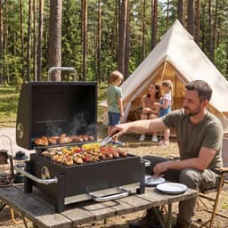 Premie Stalen Houtskool Barbecue - Smoker Barbecue - Draagbare Houtskoolgrill - met Deksel, Verstelbare Ventilatie, Houtskoolbak met 2 Niveaus, Thermometer - BBQ voor Kamperen, Buiten, Tuin - 74,5 x 54 x 46 cm - Zwart — thumbnail 5