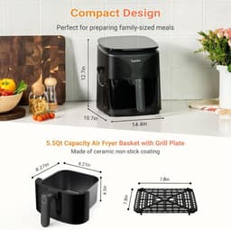 Keramische Luchtfriteuse - Compacte Friteuse Digitale - Gezond Frituren Koken - 8-in-1 Functies Intelligente Sonde - 5.5 Kwarts - Zwart — thumbnail 7