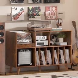 Platenspeler Tafel - Platenspeler Standaard - Vinyl Opbergkast voor 450+ Elpees - Grote Platenkast met Nu Afspelend Display - Vinyl Storage Meubel - Audiomeubel & Platenspeler Meubel - Platenhouder voor Woonkamer & Muziekkamer — thumbnail 1
