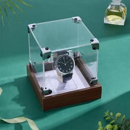 Elegante horlogedoos voor heren en dames, acryl met houten sokkel, armbandhouder en sieradendisplay, 11,8 x 11,8 x 13,1 cm, perfect voor horlogecollectie en cadeau — thumbnail 3