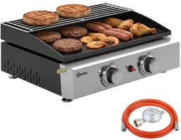 Gasgrill - Gasbarbecue met 2 Branders - Draagbare Gasbarbecue en grill - 5 kW - Grillwagen - Tafelgrill - met Keramische Coating, Grillrooster & Warmhoudrek - 51,5 x 44 x 21 cm - Zwart — thumbnail 1