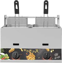 Commerciële Friteuse - Dubbele Mand - Thuis en zakelijk - Verstelbare Vuurkracht - 23L Capaciteit - Zilverkleurig — thumbnail 1