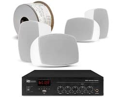 Power Dynamics complete buiten speaker set - 4x waterdichte mini speakers en 100V versterker - Wit