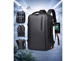 Luxe Laptop Rugzak 15.6 inch – Waterdicht – USB Oplaadpoort – Anti-Diefstal – Uitbreidbaar (10cm) – Zakelijke & Reis Backpack – Zwart