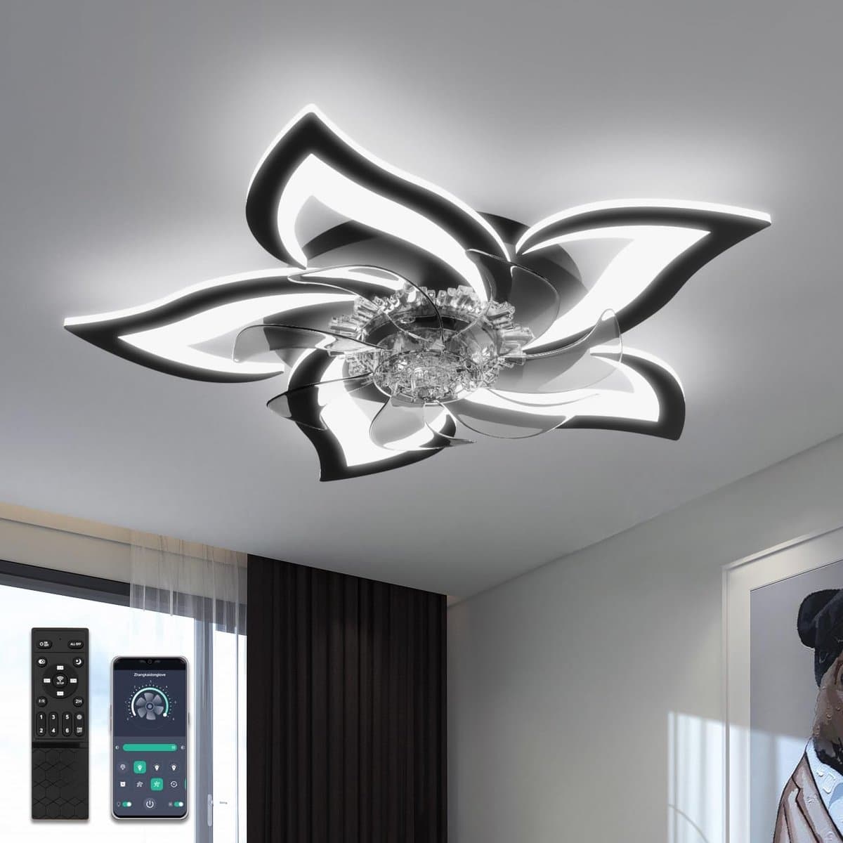 5 Lotus Ventilator - Bedienbaar Met Afstandsbediening & APP - Zwart - Plafondventilator - Plafonniere - 6 Standen - Moderne Lamp - ⌀ 69cm — afbeelding 1
