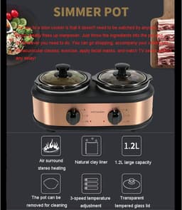 Huishoudelijke multicooker - Mini kookpan - Gezond koken - Dubbele keramische pot - 12L per pot - Zwart — thumbnail 7