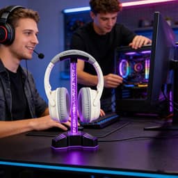 Hoofdtelefoonstandaard met oplader - Headset hanger rek - Bureau organiseren - Met RGB-verlichting - 27.5 cm - Zwart — thumbnail 2
