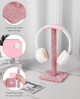 Hoofdtelefoon standaard - Headset houder - Bureau organiseren - Versierd met kristallen - 10.5 x 10.5 x 23 cm - Roze — thumbnail 2