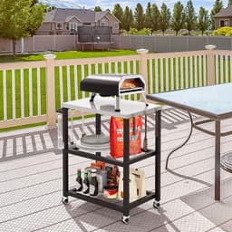 Buitenkeuken op Wielen – BBQ Trolley – Met Opbergkast & Planken – Werktafel voor Buiten – Hout & Metaal – Multifunctioneel – Zwart + Zilver — thumbnail 2