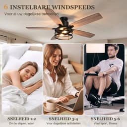 Rosnek Industriële Plafondventilator met Lamp - 132cm Zwart Kooi Design - Stille Plafondventilator Hout - Zomer en Winterstand - Slaapkamer/Patio — thumbnail 4