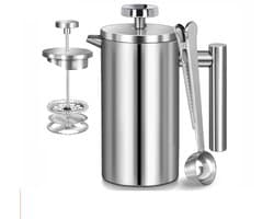 Franse koffiepers van 1 liter (34 oz), dubbelwandig roestvrij staal, met 3 filters en een schoonmaakborstel; geïsoleerde theemaker (350 ml) voor thuis, kamperen en reizen.