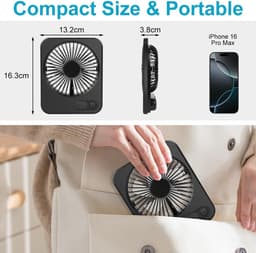 OLOEY USB-bureauventilator-2000mAh USB-C oplaadbare bureauventilator-opvouwbare mini draagbare stille ventilator met LED-display-180° verstelbare krachtige luchtstroom-kleine kantoorventilator (1 stuk-zwart) — thumbnail 2