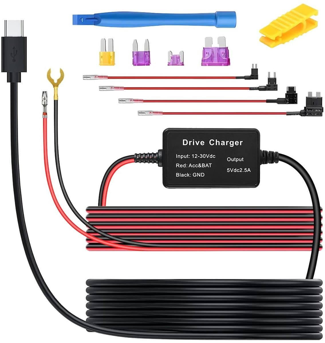Dailygoods - Dailygoody - Dash Cam Oplader - Universele Dash Cam Hardwire Kit - Hoogwaardige Kwaliteit - Type-C USB - Laagspanningsbeveiliging - Geschikt voor Dash... — afbeelding 1