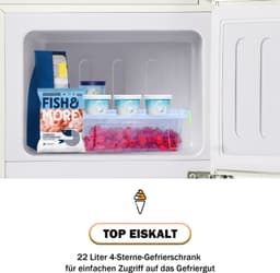 Retro koelkast. Vriescombinatie. 88,8 cm hoog, 45,5 cm breed, tweedeurs, met een totaal volume van 60 liter, een vriescapaciteit van 22 liter. 102 kWh/jaar, -27 °C ∽ 13 °C, ledverlichting. Crèmewit, energieklasse E. — thumbnail 3
