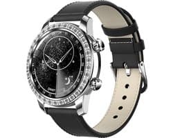 WizBay Premium Select® Smartwatch 1.52 Inch AMOLED - Bellen - Wireless Charging - Kompas - Hartslag O2 en Bloeddruk - Multi Sport - Zilver - Zwart Lederen Band extra Zwarte TPU Band