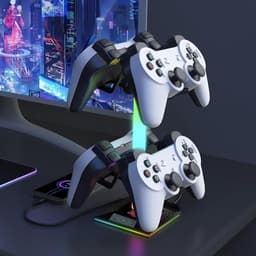 oCreon Draagbare Hoofdtelefoonhouder met RGB Verlichting & Dubbel Opladen - Gaming & Kantoor Accessoires — thumbnail 4