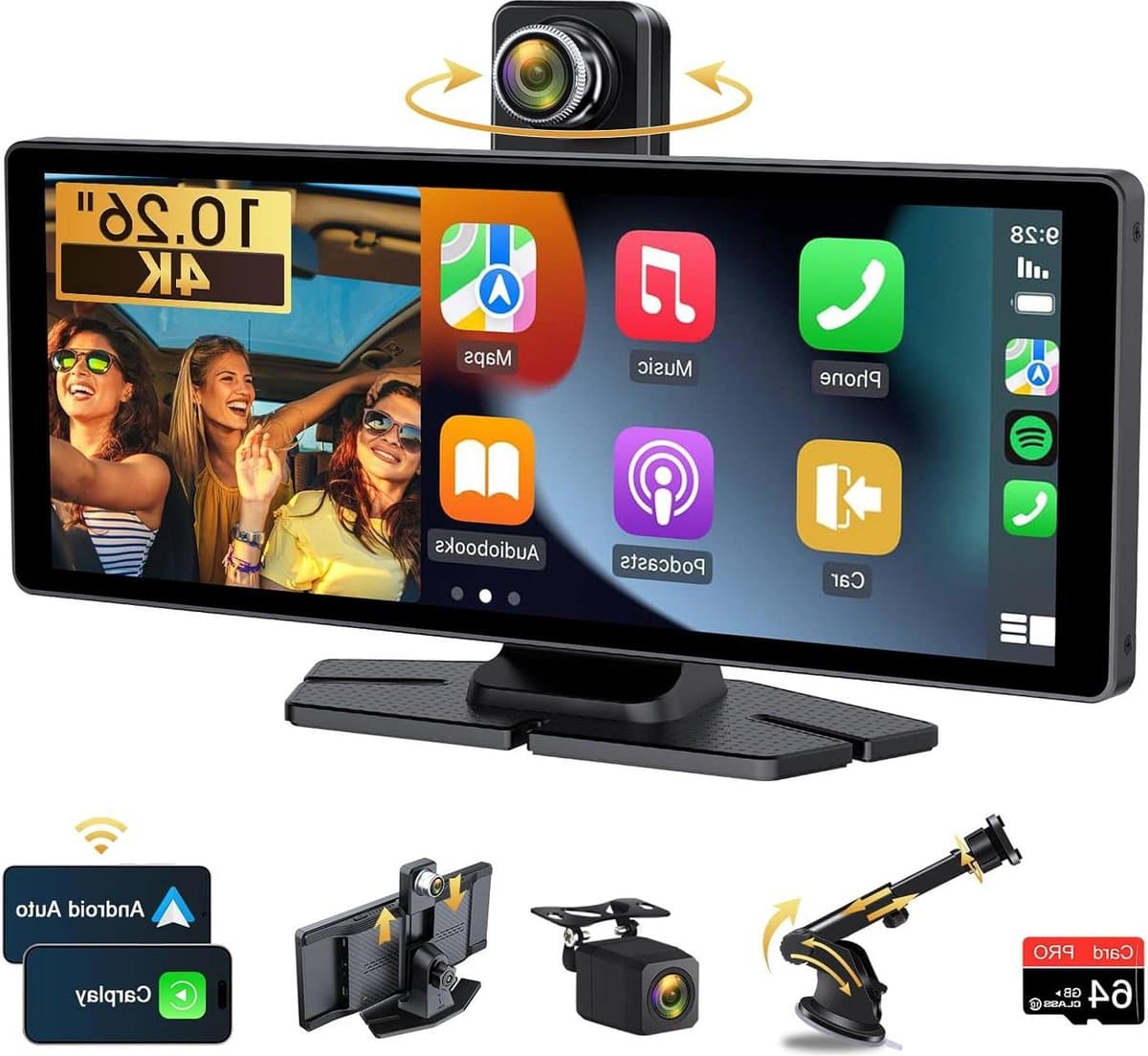 10.26 Inch Wireless Carplay Android Display with Apple Carplay, 4K Dashcam, and HD IPS Touchscreen — afbeelding 1