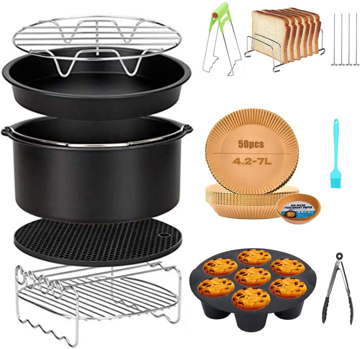 Airfryer Accessoires Set 8 Inch – 11-delig – Bakvorm, Pizza Pan, Cakevorm, Rek & Siliconen Vorm – Geschikt voor Airfryer — afbeelding 1