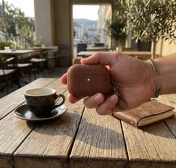 Luxe geribd hoesje voor oordopjes – Vertical Stripe design met sleutelhaak, geschikt voor AirPods 4 (Bruin) — thumbnail 4