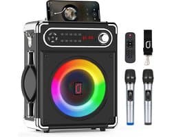 Draagbare Bluetooth Speaker met 2 Draadloze Microfoons en LED Discolampen