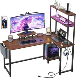 Hoekbureau gaming in L‑vorm met LED, stopcontact & USB 124x92x152 cm - Gaming Desk - Computer Tafel - Gaming Tafel - met zijtas & monitorstandaard - bruin — thumbnail 1