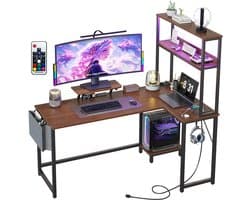 Hoekbureau gaming in L‑vorm met LED, stopcontact & USB 124x92x152 cm - Gaming Desk - Computer Tafel - Gaming Tafel - met zijtas & monitorstandaard - bruin