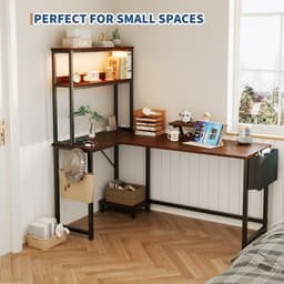Hoekbureau gaming in L‑vorm met LED, stopcontact & USB 124x92x152 cm - Gaming Desk - Computer Tafel - Gaming Tafel - met zijtas & monitorstandaard - bruin — thumbnail 4