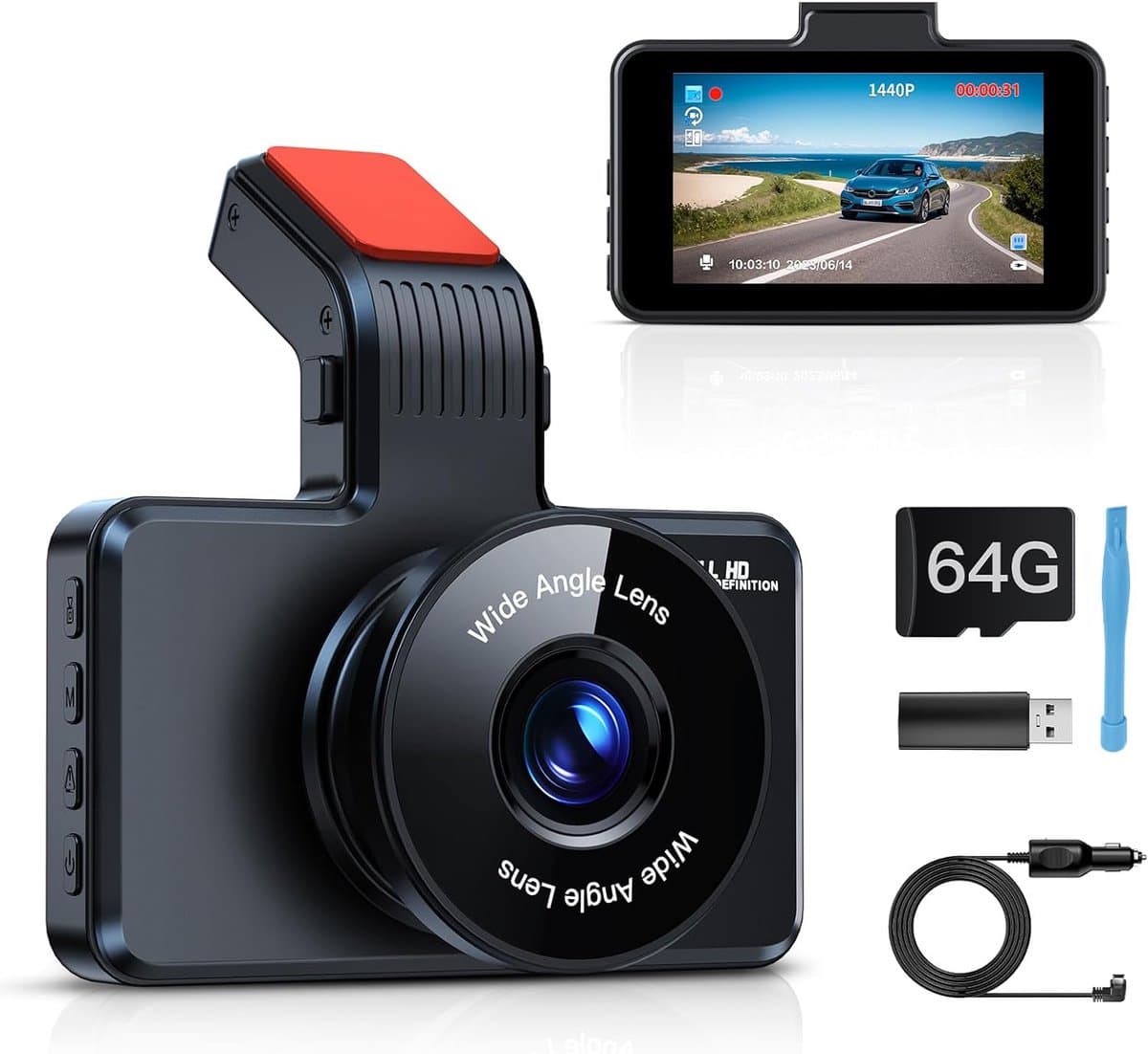 Autodashcam voor met 64 GB SD-kaart, 1080P FHD 3" autodashcam, autodashcam met 170° groothoek, nachtzicht WDR, loopopname — afbeelding 1