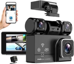 4-kanaals wifi-dashcam voor in de auto, 360-graden panoramische bescherming met WDR, 1080p HD-camera's voor en achter, draaibare lens, infrarood nachtzicht, videorecorder — thumbnail 1