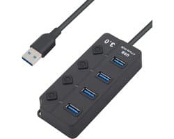 4-poorts USB 3.0-hub - USB-adapter - USB-splitter - verlengkabel met afzonderlijke schakelaar - geschikt voor PS5 - PC - laptop - USB-stick - MacBook en andere apparaten.