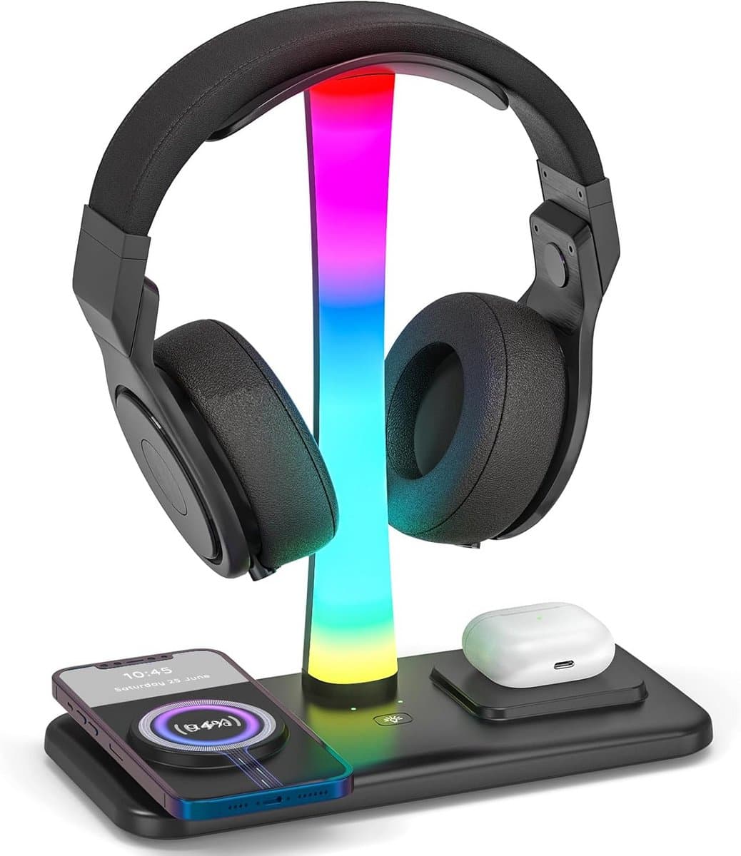 Hoofdtelefoonstandaard met 15W Draadloze Oplader en RGB Verlichting — afbeelding 1