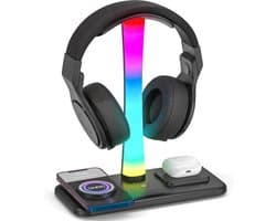 Hoofdtelefoonstandaard met 15W Draadloze Oplader en RGB Verlichting