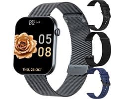 Kiraal Aura AMOLED Smartwatch voor Dames – 4 Bandjes (RVS, Nylon & 2x Siliconen) – Hartslagmeter – Stappenteller – Slaapmonitor – Multisport – Compatibel met Android & iOS – Zwart en Blauw