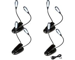 Oplaadbare Leeslamp met Klem en 2 Flexibele Koppen - Verstelbaar Licht voor Bed en Reizen (4 Stuks)