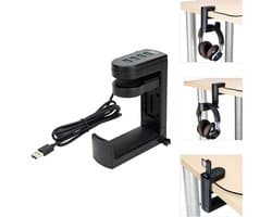 Universele Koptelefoonhouder met USB Hub en Kabelclip - 360° Draaibaar Bureau Organizer