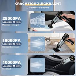Draadloze Handstofzuiger 28000Pa – 4-in-1 Mini Stofzuiger met LCD Display – 3 Standen – Voor Auto, Huis & Dierenhaar — thumbnail 3