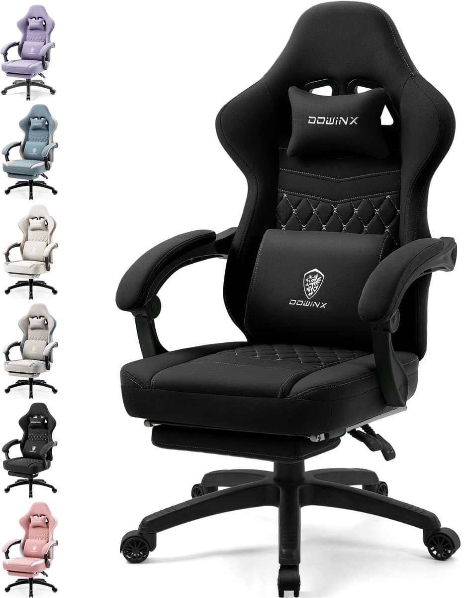 Dowinx Gamingstoel van Stof - Bureaustoel met Pocketvering - Ergonomische Gamestoel met Hoofdsteun, Massage-Lendenkussen en Voetensteun - Zwart — afbeelding 1