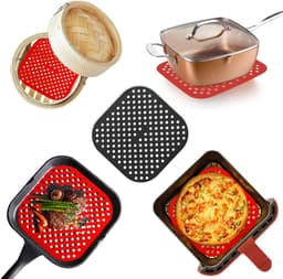 Siliconen Airfryer Liners Set van 3 - Square Mats - 21.5×21.5cm - Herbruikbaar & Anti-aanbak - Hittebestendige Matjes voor Heteluchtfriteuse - voor Dampfkorb en Mikrowellen - Rood, Blauw & Zwart — thumbnail 7
