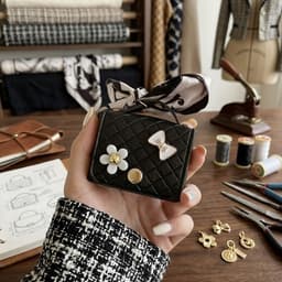 Zwart hoesje voor oordopjes dames met strik en decoratieve details geschikt voor AirPods Pro 3 kunstleer hardcase met ring en lint — thumbnail 2