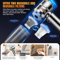 Sander Shop Mini Auto Stofzuiger,16000PA 4-in-1 snoerloze handheld stofzuiger met Brushless Motor Built-in 6000mAh batterij Type C Air Duster & Air Blower & pomp voor auto, kantoor-Zilver-goud — thumbnail 2