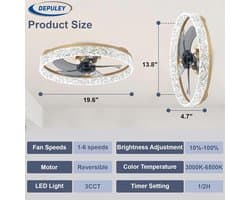Plafondventilator met Lamp - Ventilator en Verlichting - Comfort in Huis - Instelbare Lichtkleur - 50 cm Diameter - Goudkleurig