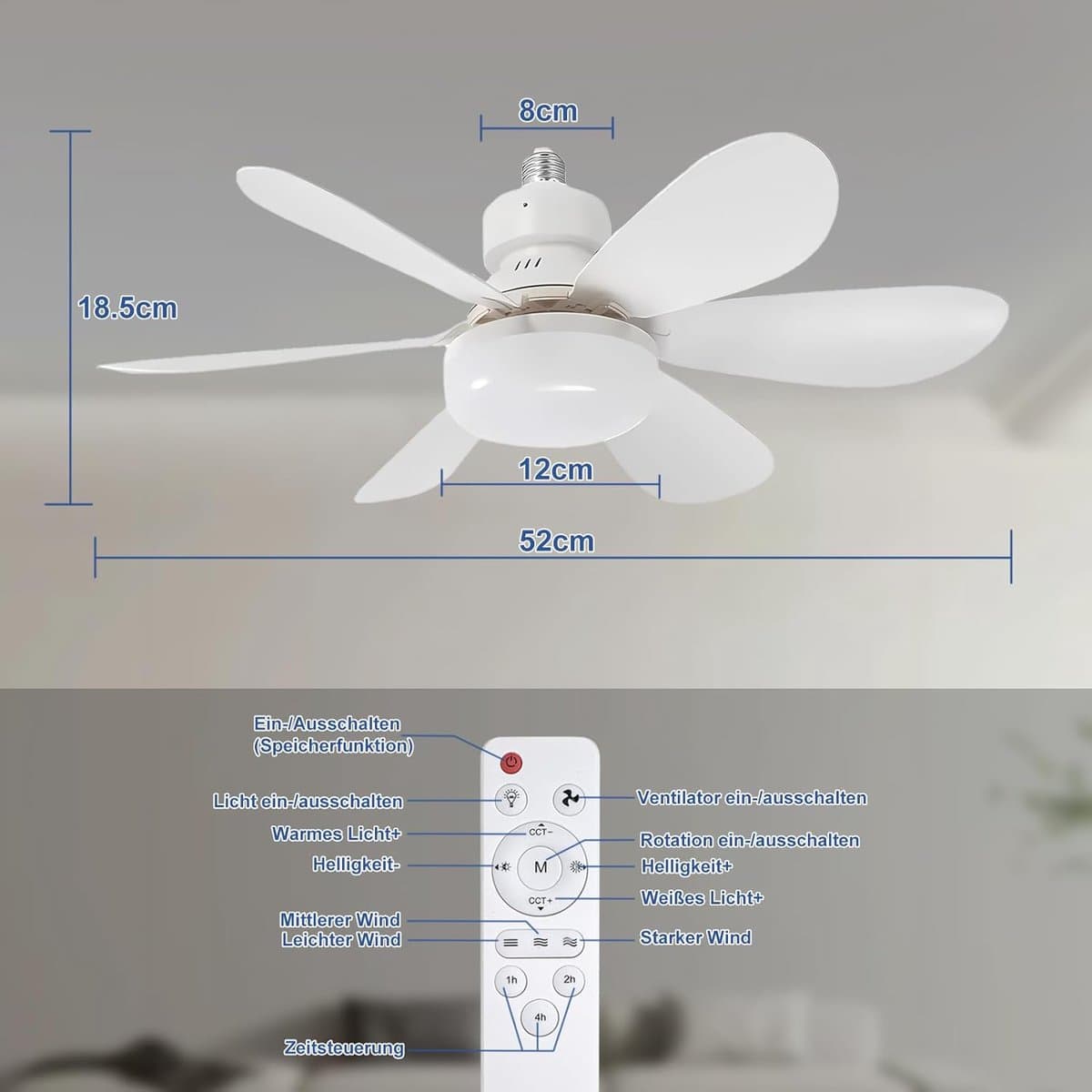 Plafondventilator met Verlichting en Afstandsbediening - 52 cm, 40 W, Stil en Dimbaar met Timer — afbeelding 1