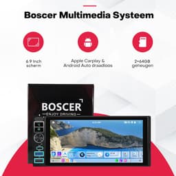 Boscer 1Din Autoradio Universeel - Apple Carplay & Android Auto (Draadloos) - Android 15 - 2+64GB - 6.9 Inch IPS HD Touchscreen - GPS Navigatiesysteem - Bluetooth, USB, USB-C, WIFI & MP5 - AHD Achteruitrijcamera & Microfoon — thumbnail 2