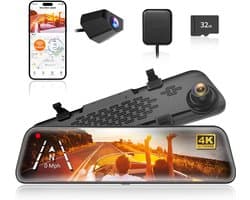 WOLFBOX Spiegel Dashcam Achteruitrijcamera, 12" IPS Volledig Touchscreen, 2160P HD Dual Lens Slimme Achteruitkijkspiegel voor Auto’s en Vrachtwagens, HDR Stream Media met Nachtzicht, Inclusief Gratis 32GB TF-kaart