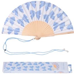 Elegante Houten Waaier met Strikkenpatroon – Handventilator in Blauw met Ophangsysteem — thumbnail 2