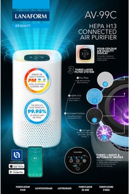 Lanaform - AV-99C - Luchtreiniger WiFi HEPA H13 - Verwijdert 99,95% Van Deeltjes, Pollen, Dierenharen - Koolstoffilter, UV Licht - PM2.5 Sensor - Stille Nachtmodus - CADR 145 M³/h, Voor 25 M² — thumbnail 13