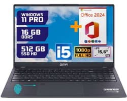 GMR - 15.6 Inch Full HD Laptop - Intel Core i5 - 16GB DDR5 RAM - 512GB SSD - Office 2024 - Windows 11 Pro voor Thuis, Office en Studie notebook