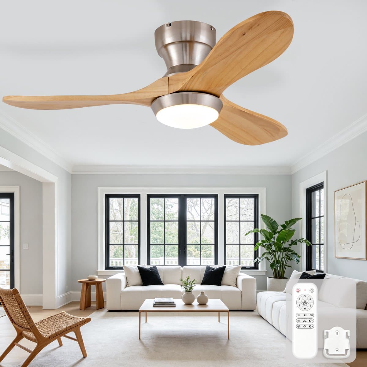 DESMIU Plafondventilator Met Verlichting – 90 Cm – Zes Snelheden – Hout – Natuurlijk Hout En Satijnnikkel – Omkeerbaar Met Afstandsbediening — afbeelding 1